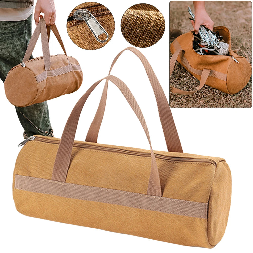 Camping Tool Storage Bag Cylinder Tent Ground Nail Wind Rope Hammer Pouch Canvas Large Capacity Handbag Outdoor Accessories